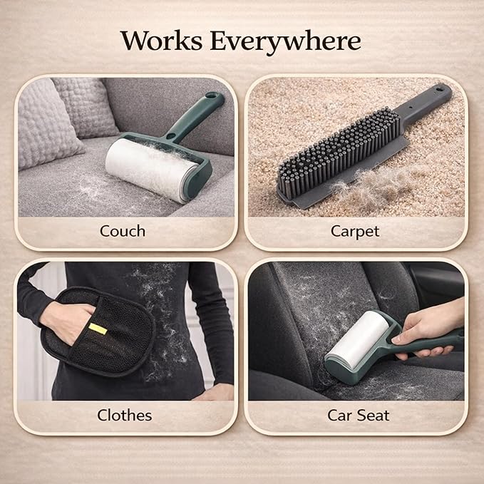 Pet Hair Remover Kit – 3 Piece Dog & Cat Hair Cleaning Set – Reusable Fur Removal Glove, Rubber Brush & Lint Roller – Removes Hair from Furniture, Couch, Carpet, Clothes & Car