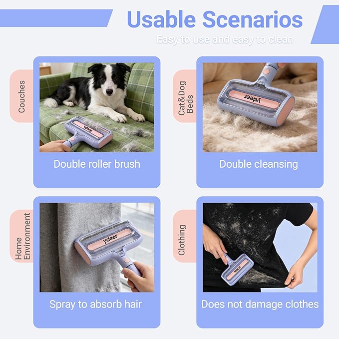 Pet Hair Remover,Pet Hair Removal Tool with Water Spray & Large Fur Bin, Dual Roller Reusable Lint Remover for Couch, Carpet, Clothes and Car Seats
