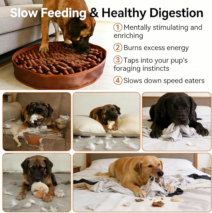 Snuffle Mat for Dogs Large Breed - 20 Inch Round Dog Sniffing Mat with 3 Suction Cups & Non-Slip Base, Slow Feeder Puzzle Toy for Mental Stimulation, Anxiety Relief, Durable Machine Washable (Brown)