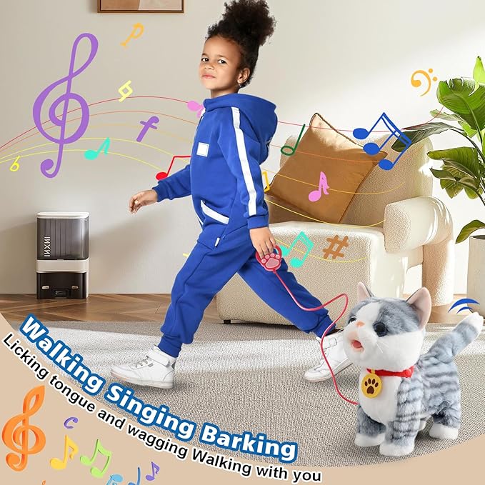 Gray Walking Cat Set Interactive Toy Cat for Girl Repeat What You Say Toy Kitten Talking Singing Dancing Touch Control Robot for Kid with Leash Wagging Tail Nodding Plush Electric Kitty