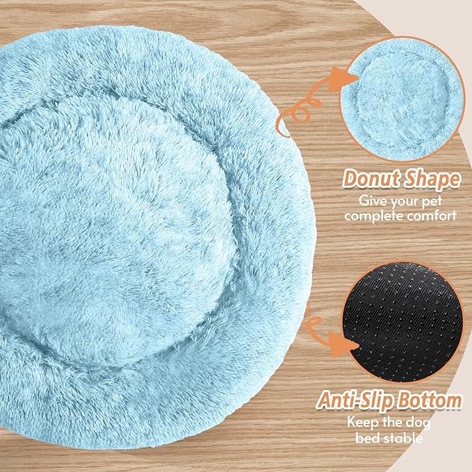 Calming Donut Dog Bed — Medium 31", Anti-Anxiety Faux Fur, Washable (Light Blue)