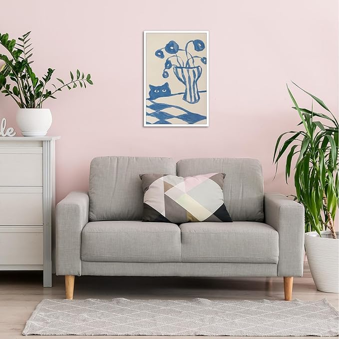 Funny Sneaky Cat Poster Scandi Animal Sketch Canvas Wall Art Blue Modern Abstract Flower Vase Aesthetic Prints Painting For Living Room Kitchen Dining Room Wall Decor 24x36in Unframed