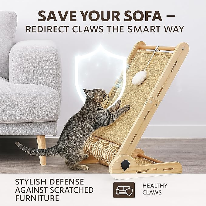 32" Foldable Sisal L Shaped Cat Scratch Pad with Ball Toy, Wooden Cat Scratching Post for Indoor Cats, 180° Angles Cat Scratcher for Indoor Cats, Durable Modern Cat Scratching Board