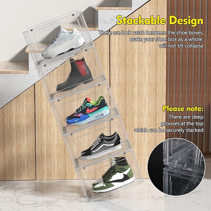 Asking 12-Pack Acrylic Clear Plastic Stackable Shoe Storage Boxes with Magnetic Front Door, Clear Shoe Case Containers Sneaker Storage