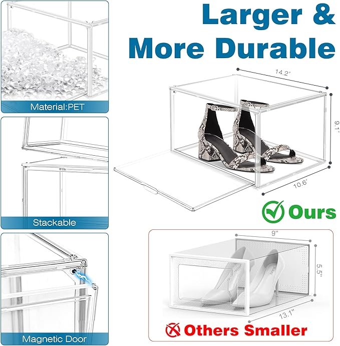10 Pack Acrylic Shoe Storage, Size 15 Acrylic Sneaker Box Clear Stackable Shoe Display Case with Magnetic Door, Dustproof Storage Bin for Shoes Hat Figure Collectible in Entryway, Closet, Underbed
