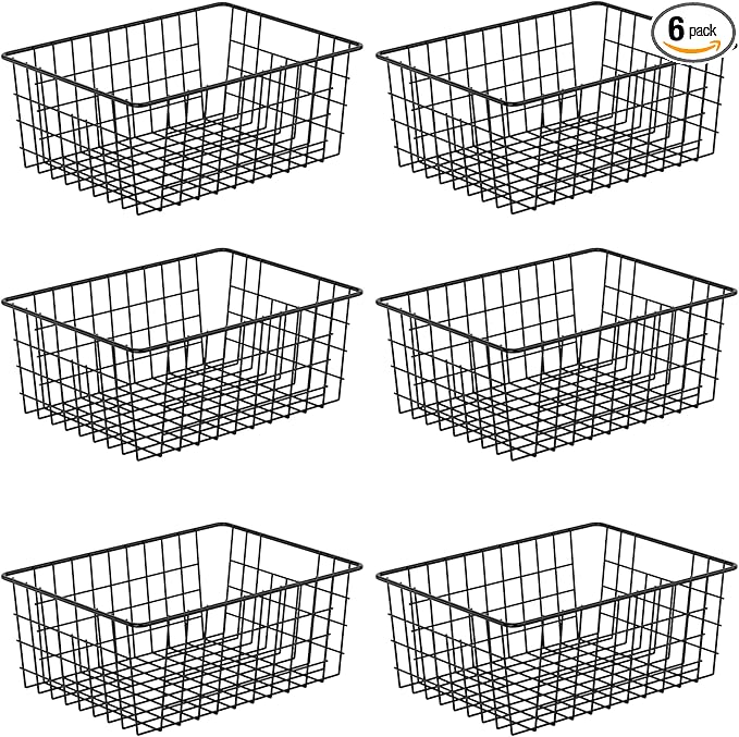 Extra Large Wire Baskets 6 Pack, Sturdy Metal Basket Storage Bin with Handle, Pantry Organization for Kitchen Cabinet, Black