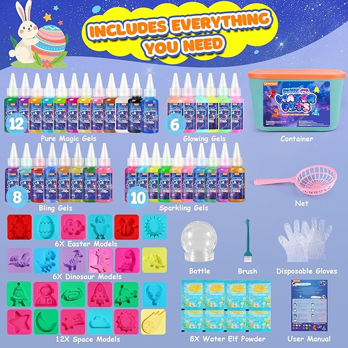 Magic Water Elf Toy Kit, Water Pets Toys for Kids, Easter Basket Stuffers, Aqua Fairy Water Gel Kit Squishy Maker, 36 Gels & 24 Molds, DIY Dinosaur Easter Space Make Your Own Squishies Toys Gifts