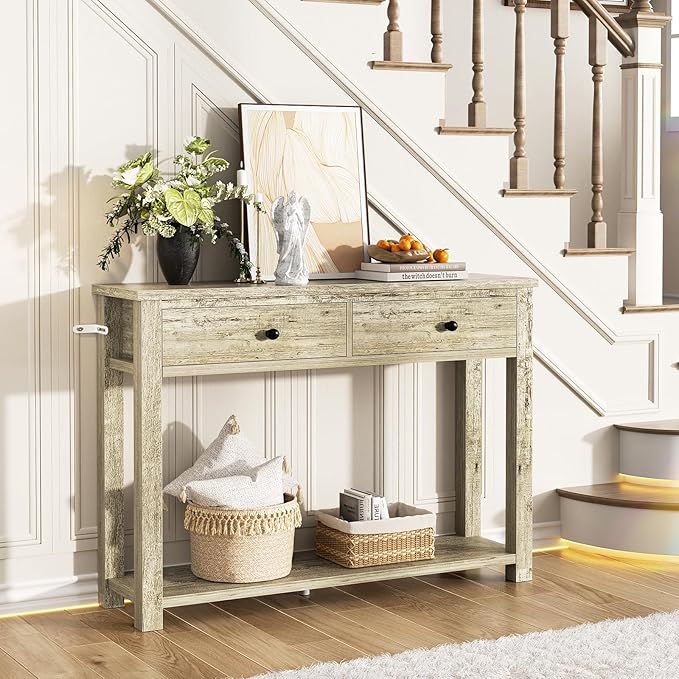 Homieasy Farmhouse Console Table with 2 Drawers, 32 Inch Small Sofa Table with Storage Shelf for Living Room, Behind Couch, Entryway Table for Hallway, Living Room, or Foyer, Light Rustic Oak