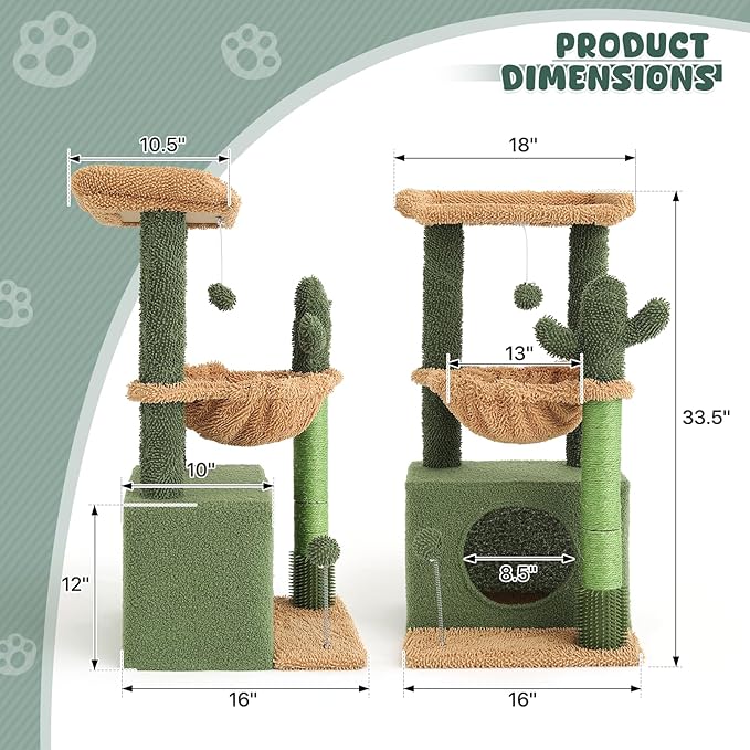 Magshion 34" Cactus Cat Tree for Indoor Cats, Multi-Level Cat Tower with Scratching Post, Condo, Top Perch, Basket, and Hanging Toys for Kittens & Small Cats, Green