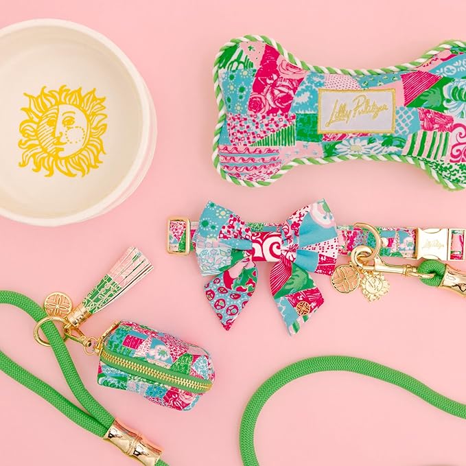 Lilly Pulitzer Pet Bow, Dog Bow Tie with Gold Logo Emblem, Elastic Collar Attachment, Durable Polyester, Easy to Clean, Stylish Pet Accessory (Crazy Quilt Home)