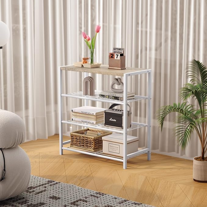 HOMEFORT 4-Tier Shoe Rack, Modern Industrial Shoe Storage Tower, Narrow Shoe Organizer for Closet Entryway, Small Shoe Rack Table with Durable Metal Shelves and MDF Top, White Oak