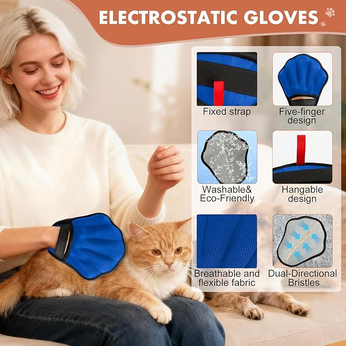 Pet Hair Removal Glove, Electrostatic Pet Hair Remover Glove for Cats & Dogs, Hair Remover Tools for Couch, Carpet, Clothing, Car Seat - Upgraded Five-Finger, Reusable, Blue+Grey