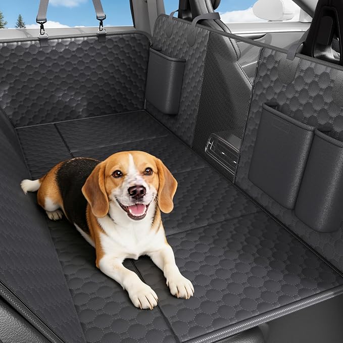 Dog Car Seat Cover for Back Seat Waterproof Oxford Fabric, Hard Bottom Back Seat Extender for Dogs Scratchproof, Dog Hammock for Car with Mesh Window, Fit Most Cars Small Trucks, Black