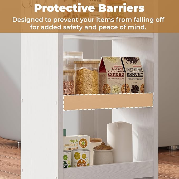 LIKIMIO 4 Tier Slim Storage Cart with Hooks, Wheels, Handle, Slide-Out Rolling Utility Cart for Small Spaces Kitchen, Narrow Mobile Shelving Unit Organizer Trolley, 15.7" L x 9.4" W