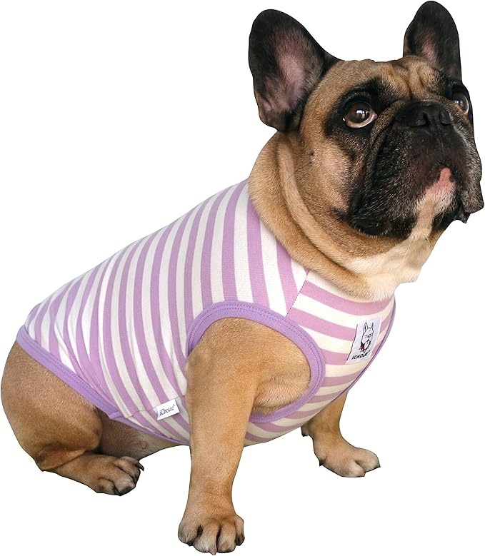 iChoue French Bulldog 100% Breathable Cotton Striped T Shirts Halloween Vest Clothes for Medium Dogs Tank Tops Frenchie Pug English Boston Terrier Pitbull Purple White Stripes - Large Plus