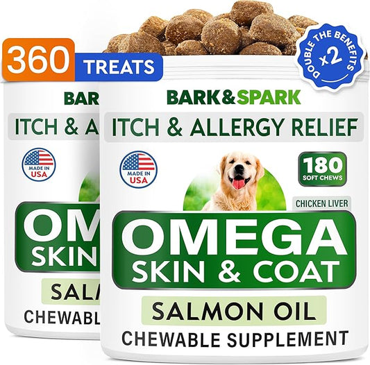 BARK&SPARK (Pack of 2 Omega 3 for Dogs - 360 Fish Oil Chews for Dog Shedding, Skin Allergy, Itch Relief, Hot Spots Treatment - Joint Health - Skin & Coat Supplement - EPA&DHA Fatty Acids