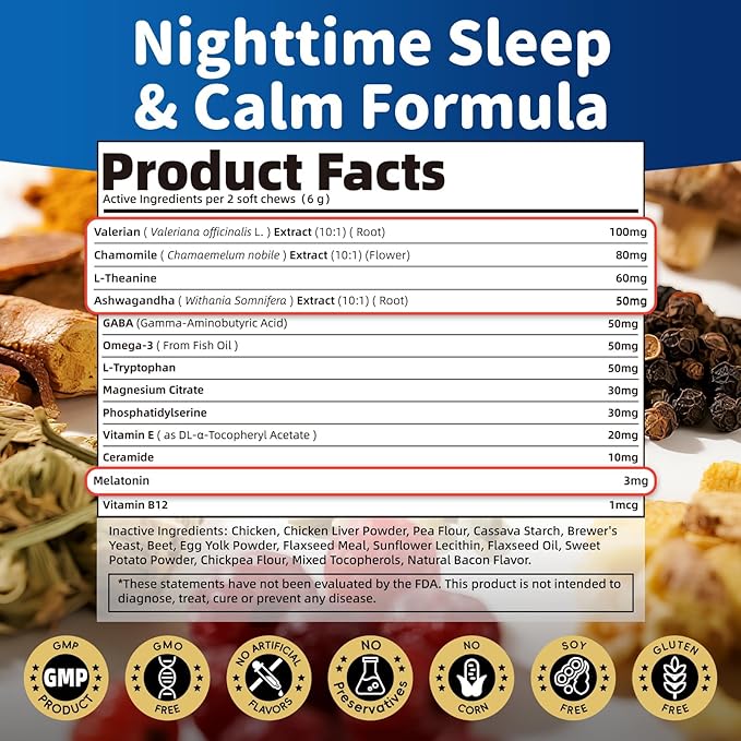 Dog Melatonin Calming Chews for Nighttime Sleep, Natural Relaxation & Stress Support for Dogs & Puppies Calming Treats, Barking, Separation, Anxiety, Fireworks, Upgraded Bacon Flavor, 90Ct