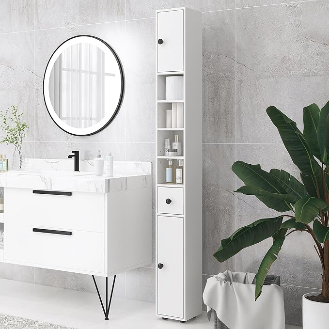 kleankin 71" Tall Bathroom Storage Cabinet, Narrow Freestanding Toilet Paper Cabinet with Open Shelves, 2 Door Cabinets, Adjustable Shelves for Kitchen, Hallway, Living Room, White