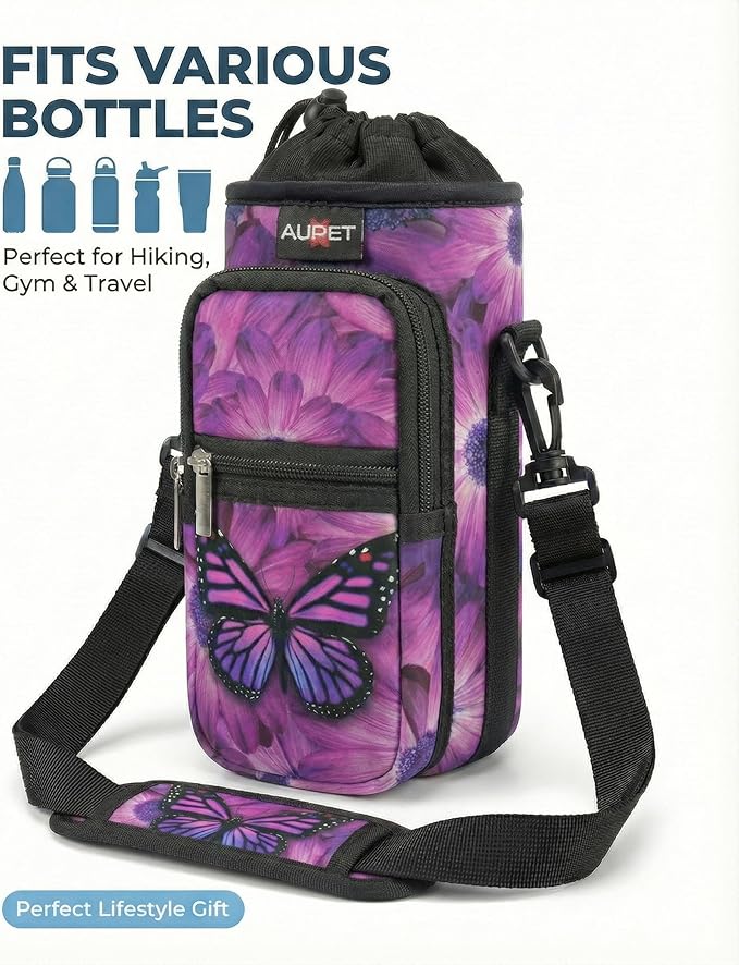 AUPET Water Bottle Sling Bag Sleeve Holder Carrier 25/32/40/64 oz,Insulated Crossbody Water Bottle Case Cover with Strap and Pockets for Men/Women Walking Hiking