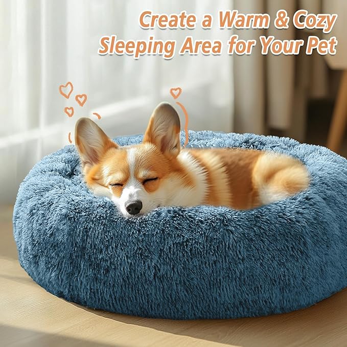 Calming Donut Dog Bed — Large 36", Anti-Anxiety Faux Fur, Washable (Blue)