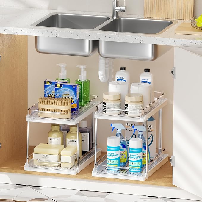 Delamu 2-Tier Bathroom Under Sink Organizers and Storage, Pull Out Cabinet Drawers with Anti-Slip Design & Two Sizes, Multi-Purpose Storage for Kitchen, Pantry, Bathroom & Home Organization, 2 Pack