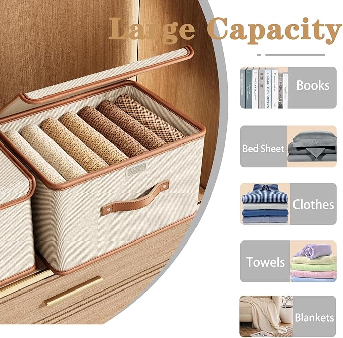 Tuza 4 Pack Storage Bins with Lids, Collapsible Closet Organizer Container, Fabric Organizer Box with Handles, Decorative Storage Boxes with Lids for Organizing Clothes, Books, File, White, Large