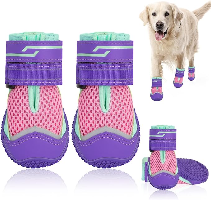 SlowTon Dog Shoes for Large Small Medium Dogs - Breathable Dog Boots for Summer Hot Pavement, Paw Protector for Outdoor Walking Winter Snow, Anti-Slip Rubber Dog Booties for Hardwood Floor (Pink, 5)