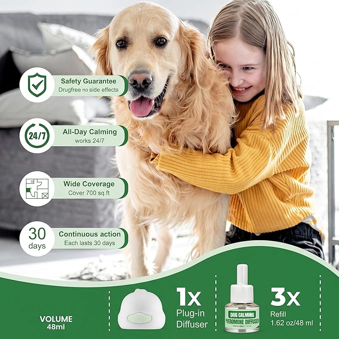 Dog Calming Diffuser 48ml Dog Pheronome Calming Diffuser Vet-Recommended Dog Calming Diffuser Kit to Reduce Stress, Fighting, Anxiety, Scratching Pheronome Diffuser for Dog (Pack of 3).
