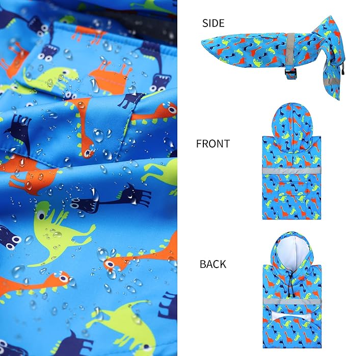 NACOCO Large Dog Raincoat Adjustable - Pet Dinosaurs Water Proof Clothes Lightweight Rain Jacket Poncho Hoodies with Strip Reflective Blue (L, Blue Dinosaur)