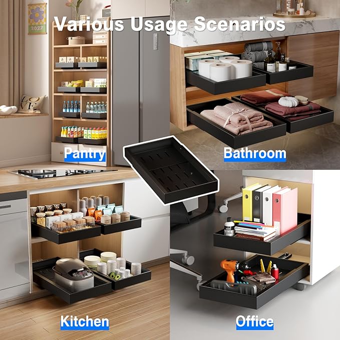 2 Pack Pull Out Cabinet Organizer,21.8" Deep Slide Out Drawer for Cabinets Adhesive Pull Out Drawers Heavy Duty Pull Out Shelves for Kitchen,Cupboard,Pantry,Bathroom-Black