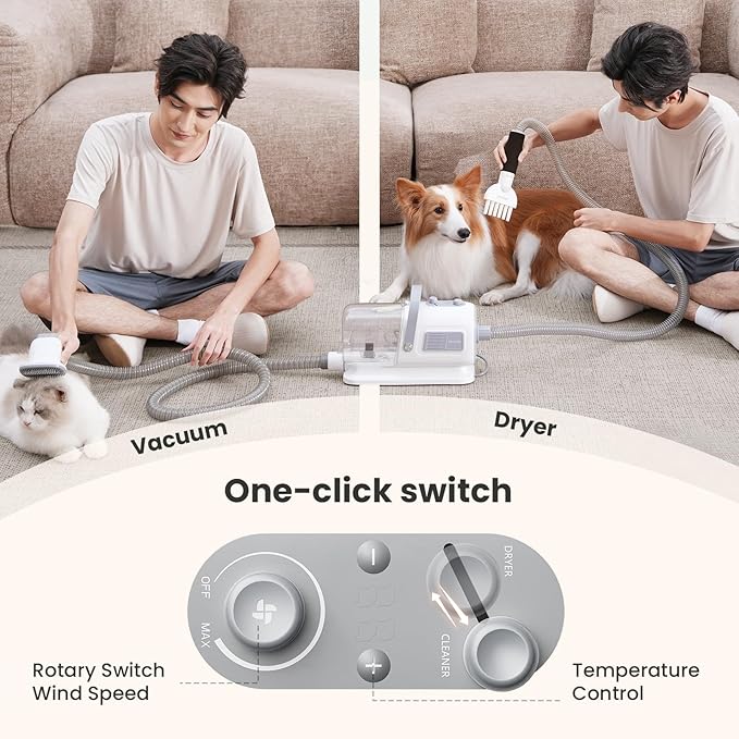Pecute Dog Grooming Vacuum & Dryer, 7-in-1 Pet Grooming Kit with Clipper, 10000Pa Dog Vacuum for Shedding Grooming, Adjustable Speed & Temp, 55dB Low Noise