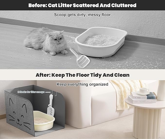 Beveetio Anti-Leakage Cat Litter Box Enclosure Splash Guard, High Side Cat Box Enclosure, Large Pee Shield for Litter Pan with Removable Mat & 2 Scoop Hooks, Easy to Clean, 24"L X 16.14" W X 16.14"H