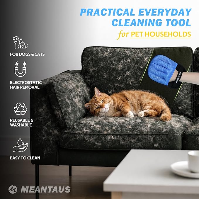 Reusable Pet Hair Removal Mitt – Electrostatic Fur Remover for Dogs & Cats, Removes Pet Hair from Furniture, Bedding, Clothes & Car Seats – Washable & Reusable (Standard Version)
