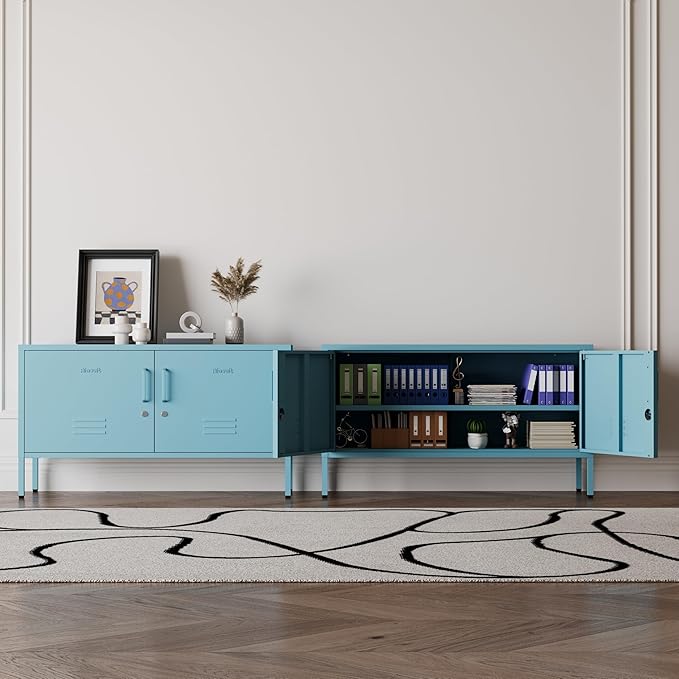 Blue Metal Storage Cabinet with Lock, 2-Door Wide Organizer, Adjustable Shelves, Multifunctional TV Stand & Entertainment Center for Bedroom, Living Room, 24" H x 39.4" W x 15" D