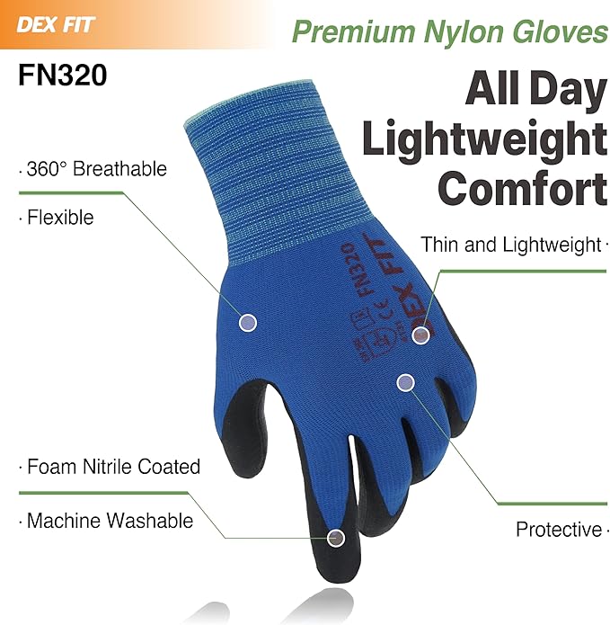 DEX FIT Premium Nylon Nitrile Work Gloves FN320, 3 Pairs, Blue, Unisex, 7 (S) - Durable, Breathable & Cool, Machine Washable