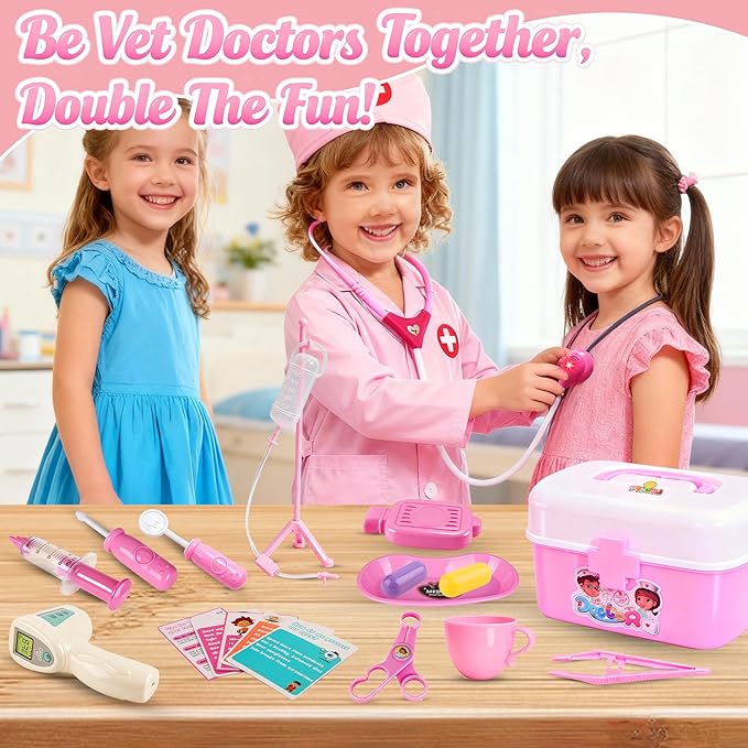 Girl Toys Doctor Kit for Toddlers 3-5 with Plush Dog, 39 PCS Kids Vet Play Set with Heartbeat Sound Stethoscope & Dress Up Toddler Doctor Costume & Hat, Pretend Play Pet Vet Toy for Girls Gifts