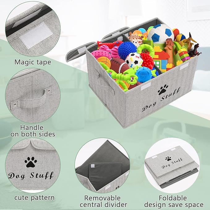 Geyecete Large Storage Boxes - Large Linen Fabric Foldable Storage Cubes Bin Box Containers with Lid and Handles for Dog Apparel & Accessories, Dog Toys, (Striped Gray)