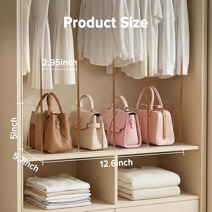 Purse Organizer for Closet, 2 Pack Fixed-Height Shelf Dividers – Clear Acrylic Handbag Organizer & Bag Organizer Set for Purse Storage, Closet Organization & Bookshelf Separation