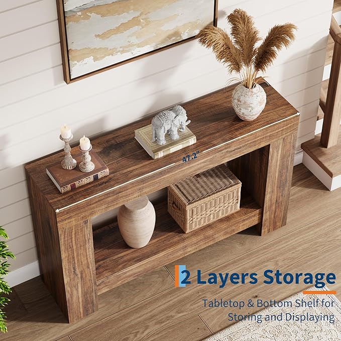 Garvee 47" Farmhouse Console Table with 2 Tiers and Storage – Large Wooden Sofa Table for Entryway, Hallway and Living Room
