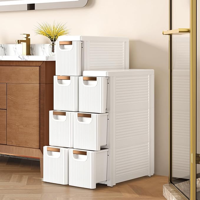 VECELO 3-Drawer Narrow Bathroom Storage Cabinet, Mobile Plastic Slim Rolling Organizer Cart with Built-in 4 Wheels for Living Room, Kitchen, Bathroom, Bedroom, Office, White(16.5" x 7.5" x 22.2")