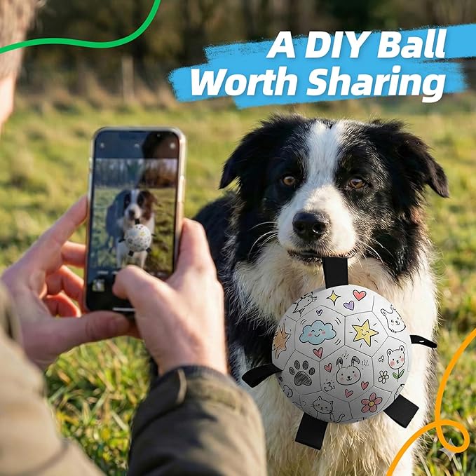 HETOO Dog Soccer Ball with Straps, DIY Paintable Dog Toy Ball Kit with 8 Color Markers,Personalized Interactive Dog Toys for Small Medium Dogs Puppies,6 Inch Birthday Gift Pet Toy