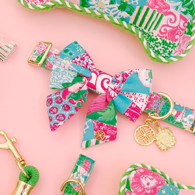Lilly Pulitzer Pet Bow, Dog Bow Tie with Gold Logo Emblem, Elastic Collar Attachment, Durable Polyester, Easy to Clean, Stylish Pet Accessory (Crazy Quilt Home)