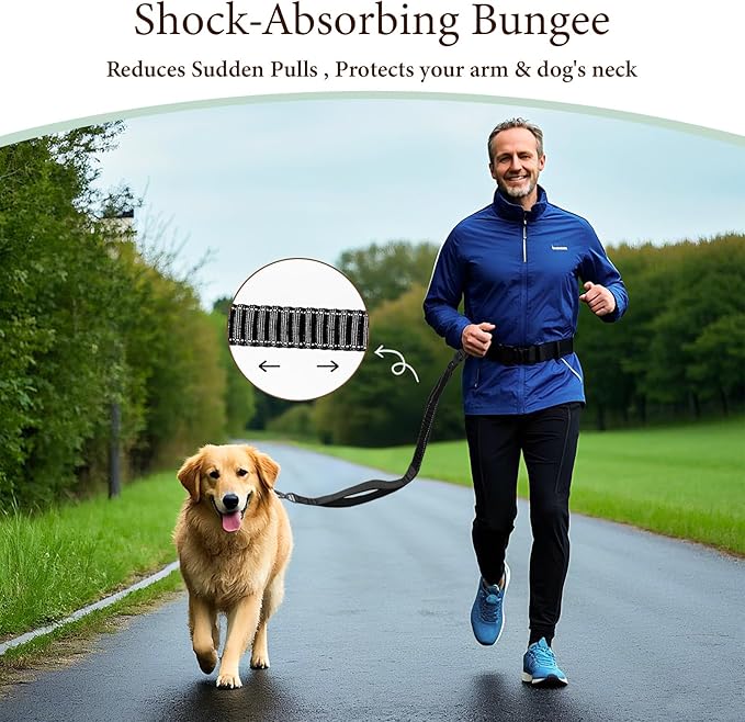 Hands-Free Dog Leash - Tactical Rope with No Pull Bungee Tangle Free Clip, Adjustable Length for Multi-Use, 2-Handle with Reflective Strip, Lead for Hike Run Small Medium Large Pet (Black)