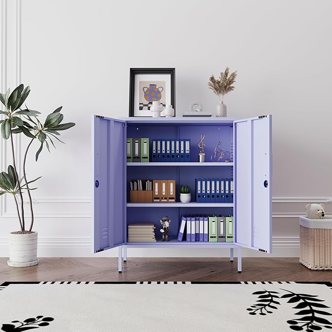 Purple Heavy Duty Metal Storage Cabinet, Multifunctional Lockable Cabinet with 3 Adjustable Shelves, Secure Industrial Organizer for Home Office School, Easy Assembly, 40" H x 31.5" W x 15" D