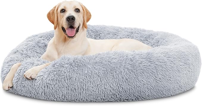 ELSKER&HOME Calming Dog Bed,Donut Washable Warming Soft Round 46 inches Dog Beds for Large Dogs,Anti-Anxiety Fluffy Plush Cushion Bed Fits up to 160 lbs Pets