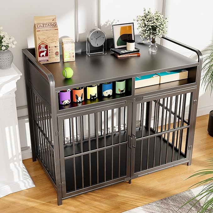 Large Dog Crate Furniture with Drawers Storage, Puppy Dog Kennel Indoor with Double Doors, Heavy Duty Wooden Dog Cage Table, Sturdy Metal, Black
