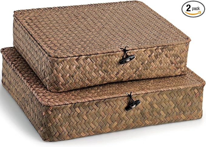 Elsjoy 2 Pack Flat Seagrass Storage Bins with Lid, Wicker Woven Storage Basket Set, Rattan Organizer Bins for Shelf, Closet, Bedroom