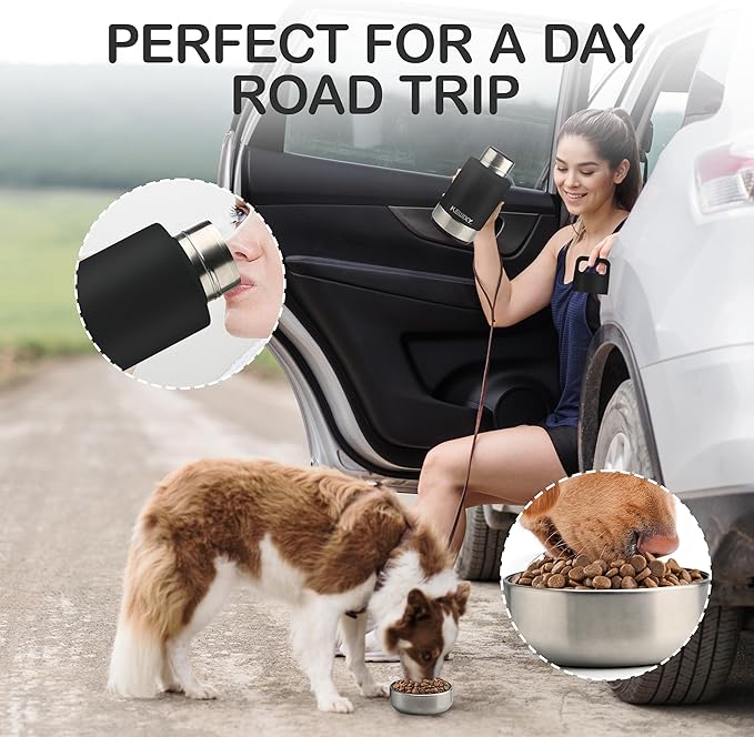 Insulated Dog Travel Water Bottle with Detachable Bowls, 3 in 1 Portable Dog Water Bottle Dispenser, Dog Accessories for Walking, Hiking, Camping, Outdoor (Black, 32 Oz)