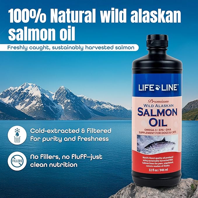 Life Line Salmon Oil for Pets | Omega-3 DHA EPA Supplement for Dogs & Cats | Supports Skin, Coat, Brain & Heart Health | Cold-Filtered – 32 oz