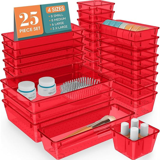 WOWBOX 25 PCS Plastic Drawer Organizer Set, 4 Sizes Desk Drawer Divider Organizers and Storage Bins for Makeup, Jewelry, Gadgets for Kitchen, Bedroom, Bathroom, Office, Clear Red